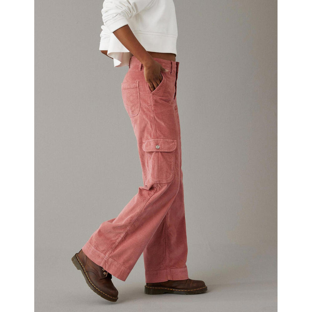 American Eagle Pink Corduroy 90’s High Rise Baggy Wide Leg Cargo Pants- Size 10 - Picture 4 of 9